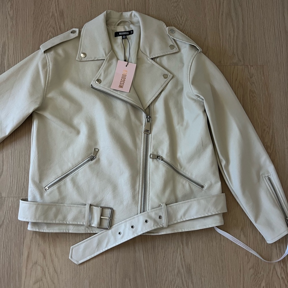 Missguided Cream Leather Biker Jacket